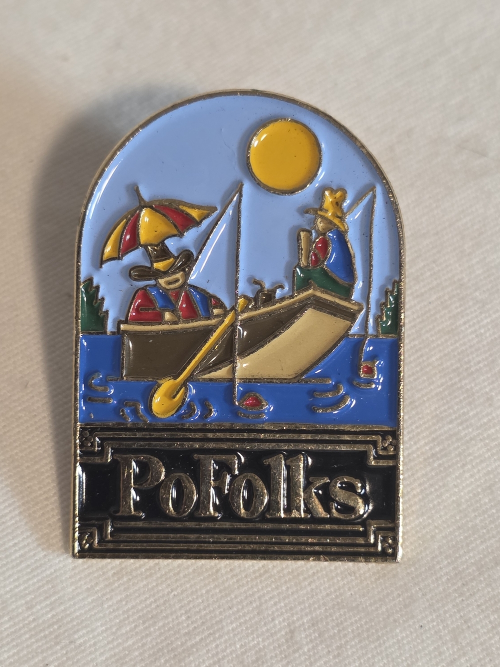 Vintage PoFolks Restaurant Enamel Lapel Pin Two Men Fishing In Boat Country